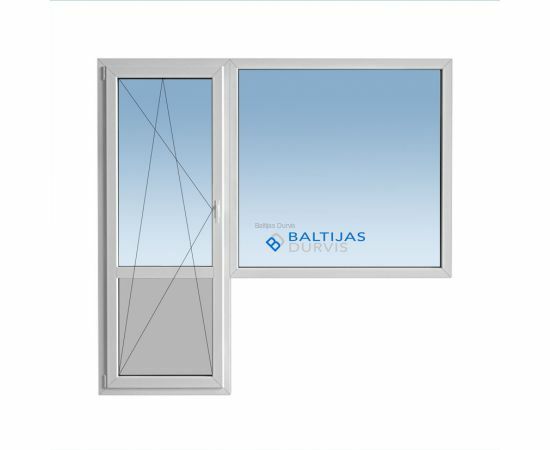 Plastikāta logi - balkona bloks ar veramu durvju vērtnes daļu, ar PVC paneli durvju lejasdaļā un fiksētu loga daļu un Baltijas Durvis logotipu loga fonā. Loga bloks paredzēts 119. projekta ēkām