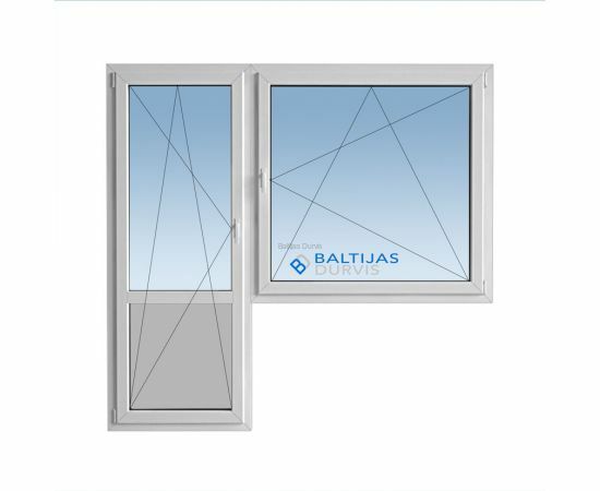 Plastikāta logi - balkona bloks ar veramu durvju vērtnes daļu, ar PVC paneli durvju lejasdaļā un veramu loga daļu, kur attēlots Baltijas Durvis logotips loga fonā. Loga bloks paredzēts 119. projekta ēkām