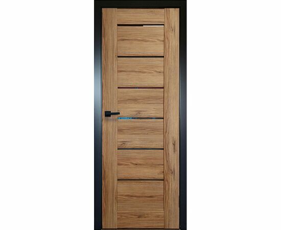 Durvis MIRANDA ar ozola apdari, horizontāliem stikla elementiem un melnām aplodām, kas piešķir interjeram kontrastu.