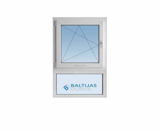 PVC logs ar divām stikla daļām vienu virs otras un veramu augšējo loga daļu. Logs piemērots 119. projekta kāpņutelpām.