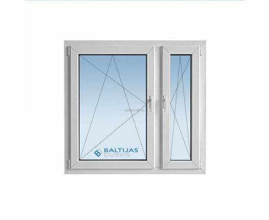 Balts PVC logs 1150x1120 mm ar divām vērtnēm un papildu šauru sānu stiklojumu.