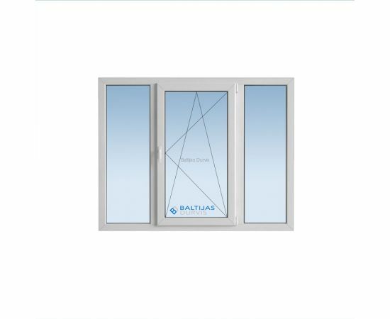 Trīsdaļīgs PVC logs ar divām fiksētām un vienu atveramu loga vērtnes daļu. Logs piemērots 119. projekta ēkām.