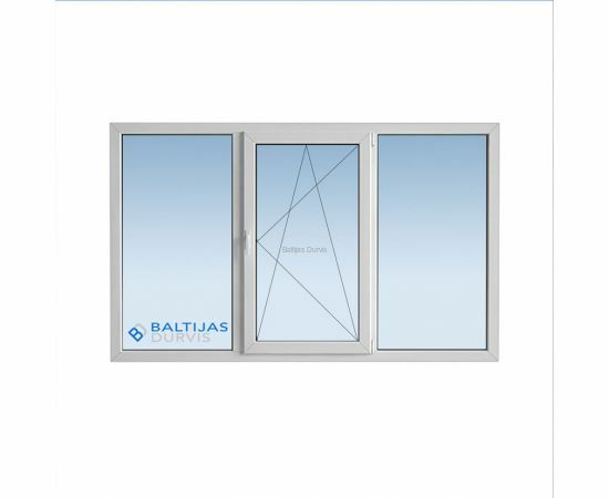 Trīsdaļīgs PVC logs ar vienu veramu loga daļu vidū un divām fiksētām loga daļām malās. Logs paredzēts 103. sērijas ēkām.