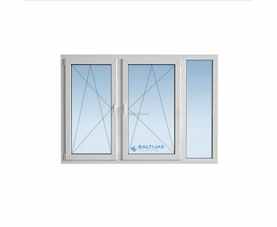 Balts PVC logs ar trīs sekciju stiklojumu un divām atveramām loga daļām, logs piemērots čehu projekta ēkām.