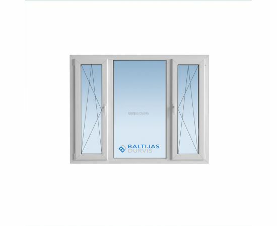 Trīsdaļīgs PVC logs ar divām veramām malējām loga vērtnes daļām un fiksētu vidējo loga daļu. Logs piemērots 119. projekta ēkām.
