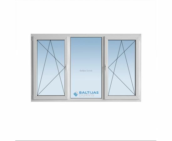 Trīsdaļīgs PVC logs ar divām veramām loga daļām malās un vienu fiksētu log daļu vidū. logs paredzēts 103. sērijas ēkām.