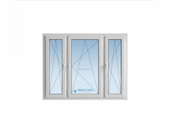 Trīsdaļīgs logs ar trīs veramām loga vērtnes daļām un Baltijas Durvis logotipu. Logs piemērots 119. projekta ēkām.