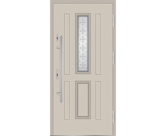 Siltas un kvalitatīvas ārdurvis mājai. Durvis krēmkrāsas tonī ar garu rokturi un modernu vertikālu stikla elementu durvju augšdaļā un pildiņa imitācijas elementu durvju lejasdaļā.