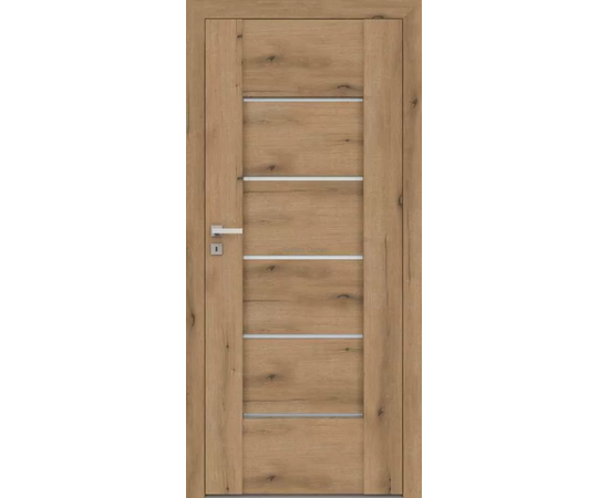 Durvis Aur DRE ar dabīga ozola apdari un horizontālām stikla līnijām, kas papildina klasisku un modernu interjeru.