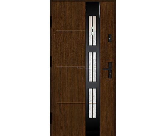 Siltas un kvalitatīvas ārdurvis mājai. Durvis tumšā rieksta tonī ar moderniem dekoratīviem elementiem.