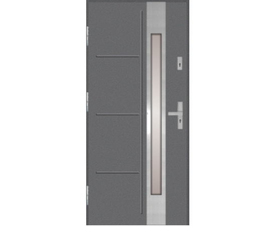 Siltas un kvalitatīvas ārdurvis mājai. Durvis pelēkā tonī ar vertikālu dekoratīvu stikla elementu. Siltas un kvalitatīvas ārdurvis mājai. Durvis pelēkā tonī ar vertikālu dekoratīvu stikla elementu.