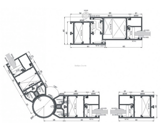 Alumīnija profilu sistēmas - Ponzio PE40 detalizācija griezumā ar izmēriem