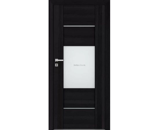 Durvis Aur DRE ar tumšu koka apdari un horizontālām stikla līnijām un stikla pildiņu, kas papildina telpu ar gaismu.