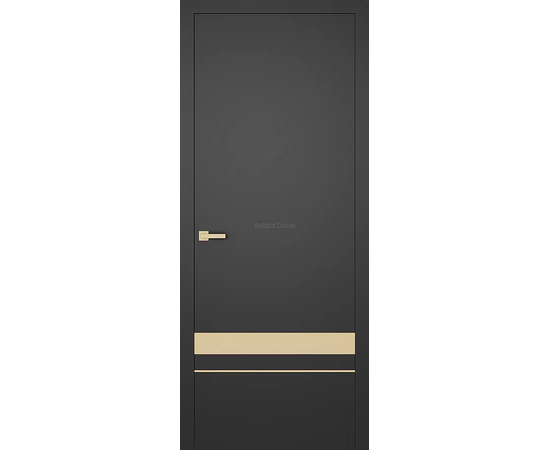 Melni matētas iekšdurvis CITY 1 SUPREME ar horizontālām zeltītām akcenta līnijām durvju lejasdaļā.
