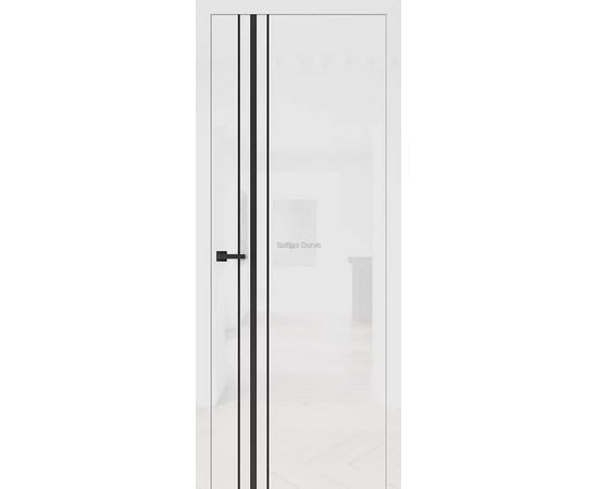 Baltas matētas iekšdurvis CITY 1 SUPREME ar vertikālām melnām akcenta līnijām durvju malā.