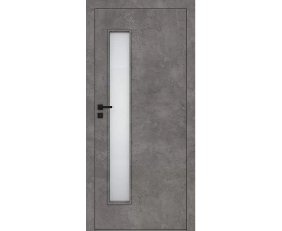 Iekšdurvis DECO DRE ar pelēku industriālu apdari un vertikālu matētu stikla pildiņu gaismas caurlaidībai.