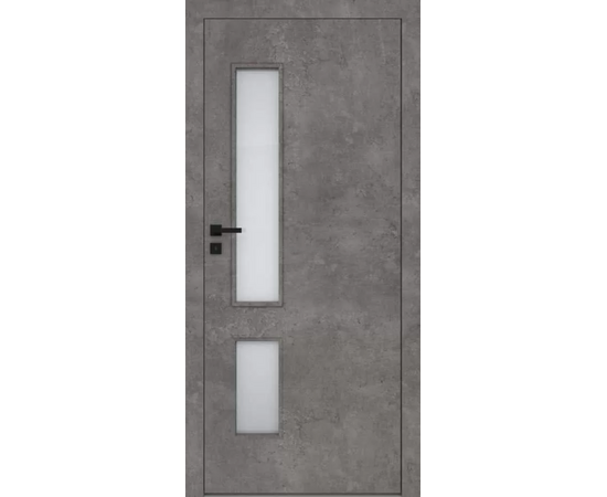 Iekšdurvis DECO DRE ar pelēku industriālu apdari un dalītu vertikālu matētu stikla pildiņu gaismas caurlaidībai.