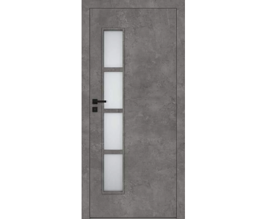 Iekšdurvis DECO DRE ar pelēku industriālu apdari un vertikālu matētu stikla pildiņu, ar horizontālu līstojumu, gaismas caurlaidībai.