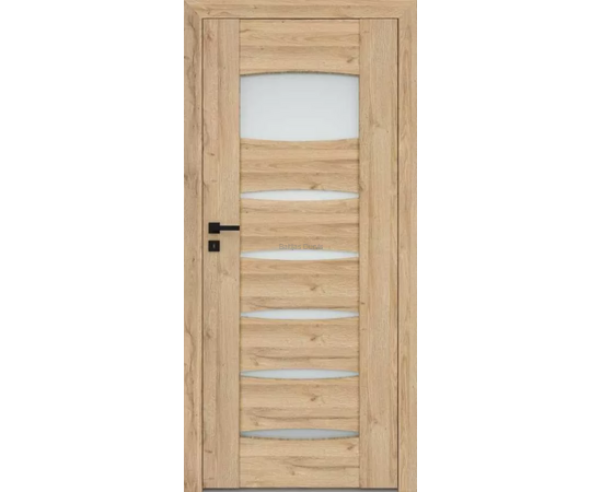 Durvis ENA ar dabīga ozolkoka faktūru stikla pildiņu un horizontālām reljefām līnijām ar stikla elementiem– piemērotas moderniem interjeriem.