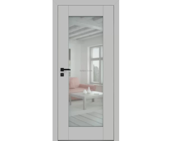 Durvis ESTRA DRE ar pelēku apdari un lielu stikla pildiņu, kas rada gaišumu un plašuma sajūtu.