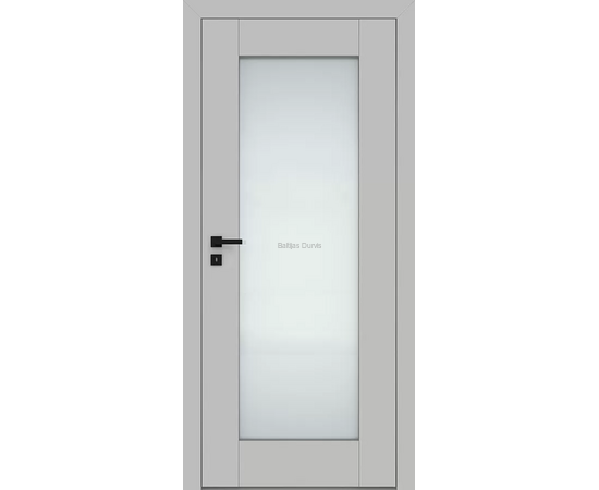 Durvis ESTRA DRE ar pelēku apdari un lielu matētu stikla pildiņu, kas rada gaišumu un plašuma sajūtu.