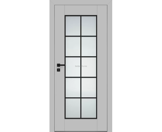 Durvis ESTRA DRE ar pelēku apdari un lieliem rūtotiem stikla laukumiem, kas rada gaišumu un plašuma sajūtu.