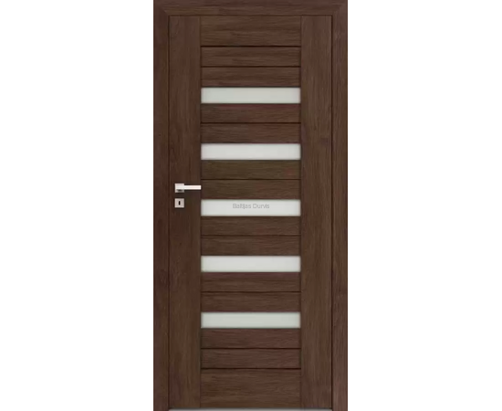 Iekšdurvis FOSCA DRE ar tumšu koka apdari un horizontāliem stikla akcentiem, kas piešķir telpai gaišumu.