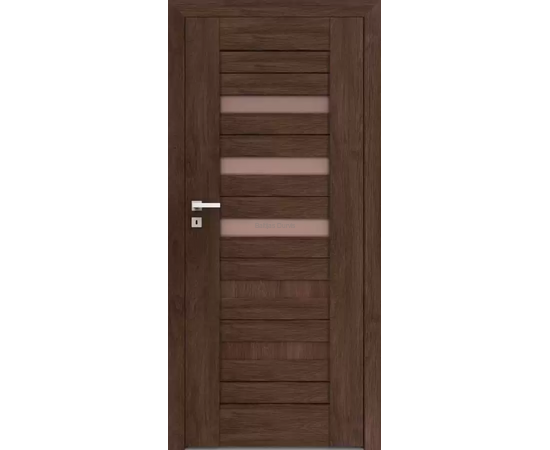 Iekšdurvis FOSCA DRE ar tumšu koka apdari un horizontāliem stikla akcentiem, kas piešķir telpai gaišumu.