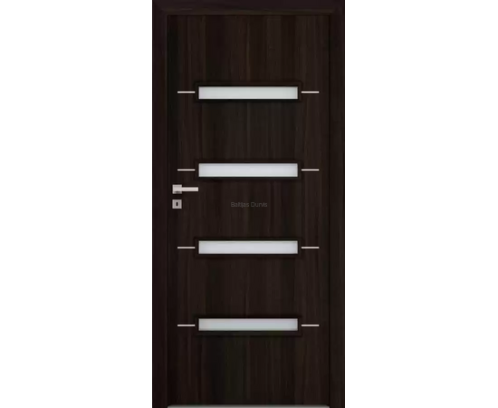 Durvis ar tumšu apdari un četrām horizontālām stikla joslām, ideāli piemērotas modernam interjeram.