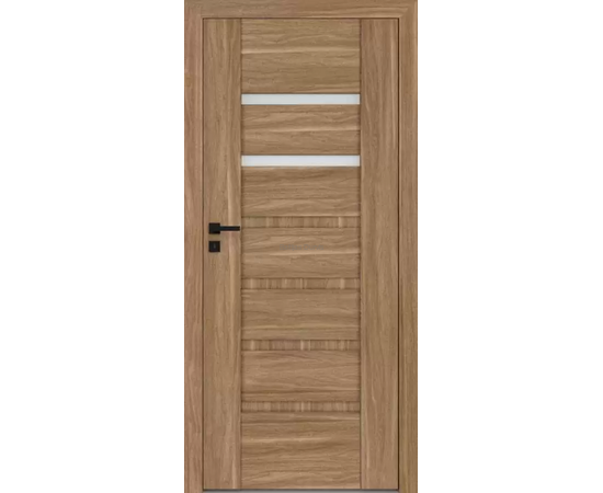 Durvis ar koka tekstūras apdari un divām horizontālām stikla līnijām durvju augšdaļā.