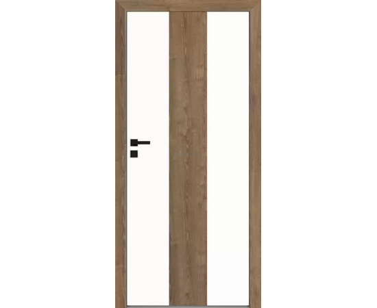 Durvis RIVIA DRE ar koka rāmja apdari un baltiem pildiņiem, kas piešķir telpai mūsdienīgu izskatu.