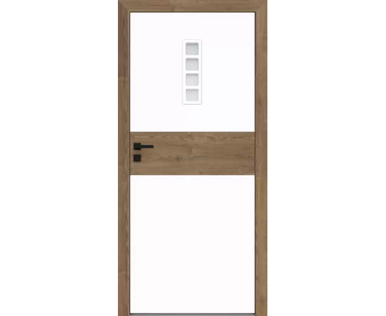 Durvis RIVIA DRE ar koka apdari un stikla elementiem, kas piešķir telpai dabiskumu un gaisīgumu.