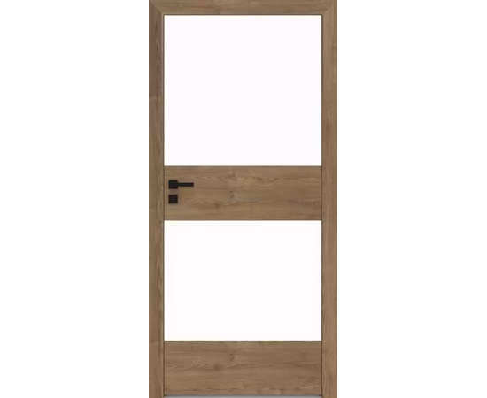 Durvis RIVIA DRE ar koka rāmja apdari un baltiem pildiņiem, kas piešķir telpai mūsdienīgu izskatu.