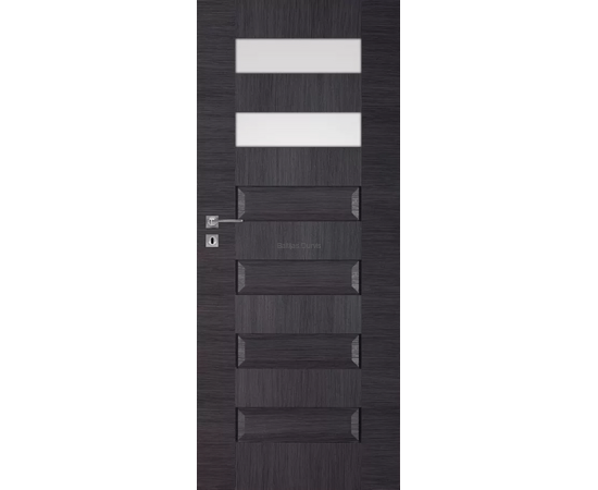 Tumšas durvis SCALA DRE ar horizontāliem stikla paneļa akcentiem durvju augšdaļā, radot izteiksmīgu izskatu.