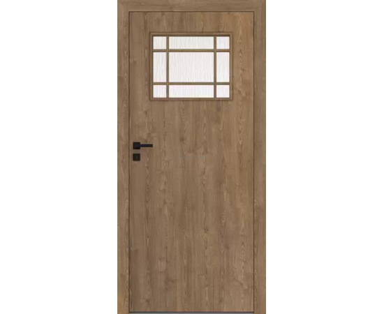 Iekšdurvis STANDARD DRE ar dekoratīvu stiklu un stikla līstojumu durvju augšdaļā.