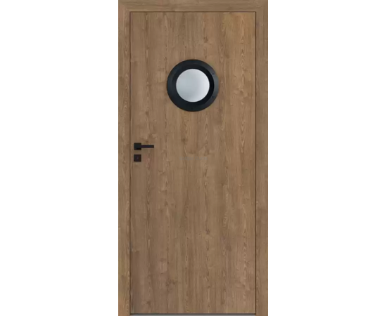 Iekšdurvis STANDARD DRE ar dekoratīvu apaļu stikla lodziņu melnā rāmī durvju augšdaļā.