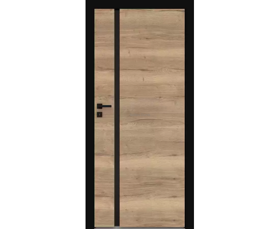 Iekšdurvis Vetro E Synchro gaišā ozola tonī ar vertikālu dizaina elementa līniju melnā krāsā un melnām aplodām.
