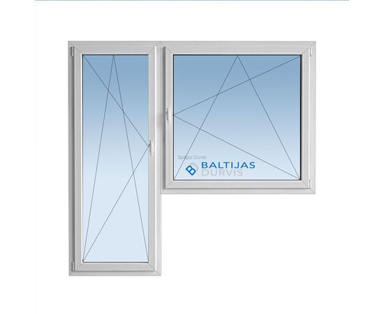 Plastikāta logi - balkona bloks ar veramu durvju vērtnes daļu un veramu loga daļu, kur attēlots Baltijas Durvis logotips loga fonā. Loga bloks paredzēts 119. projekta ēkām