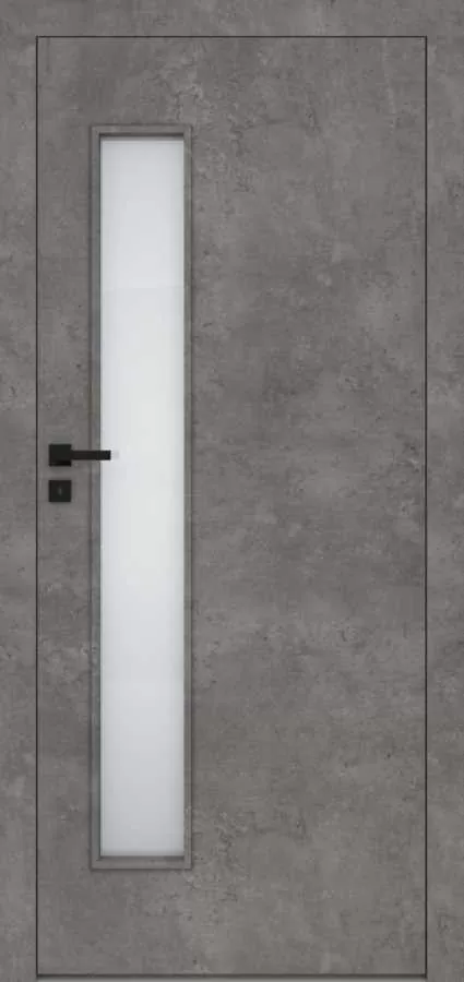 Iekšdurvis DECO DRE ar pelēku industriālu apdari un vertikālu matētu stikla pildiņu gaismas caurlaidībai.