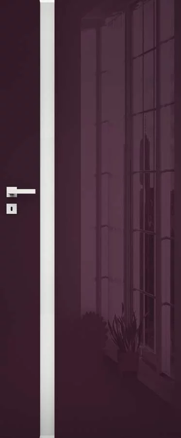 Iekšdurvis Vetro D2 violetas glancētas ar matētu vertikālu stikla elementu.